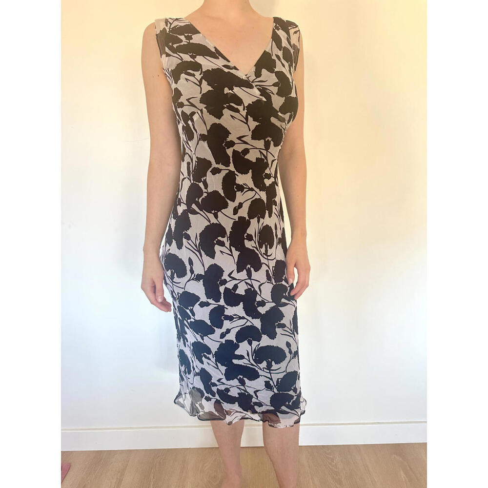 Vintage 100% Silk Black and White Floral Midi Dress - Picture 4 of 9